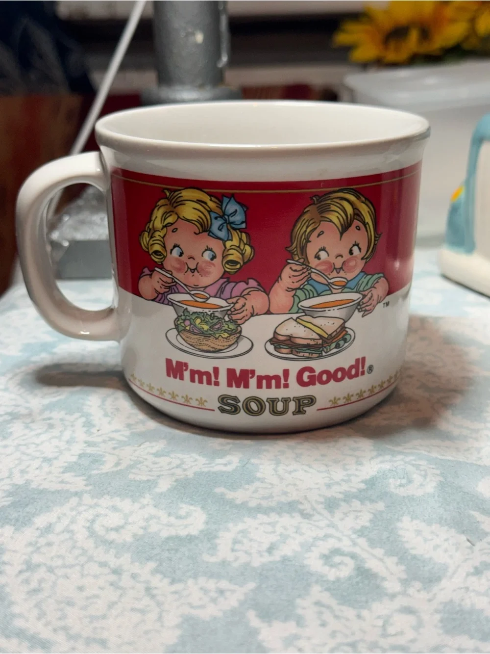 Red & White Soup Mug with Vintage Illustration